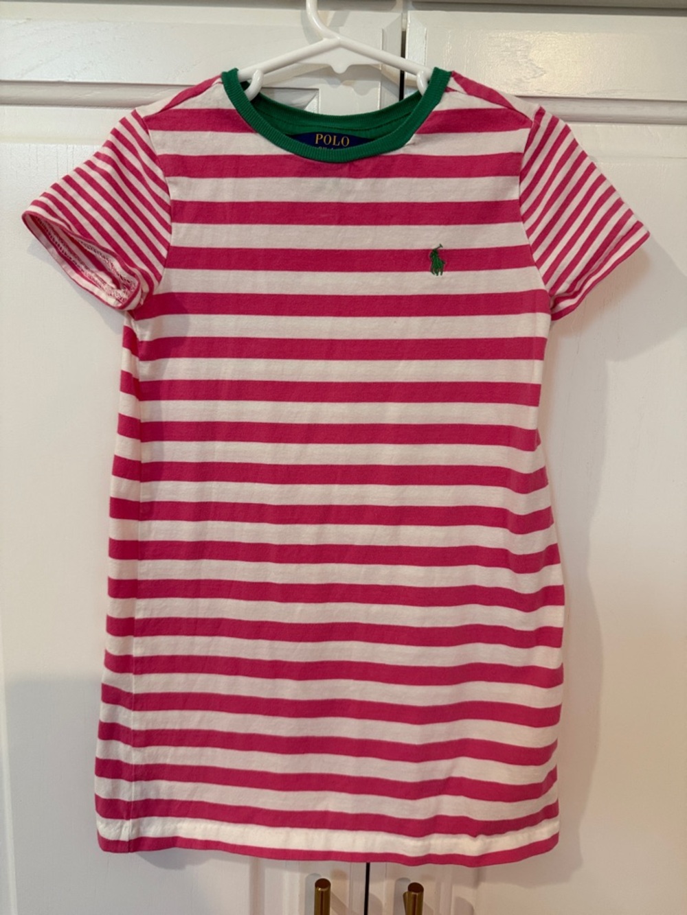 Polo by Ralph Lauren Pink & White Striped Tee with Green Trim
